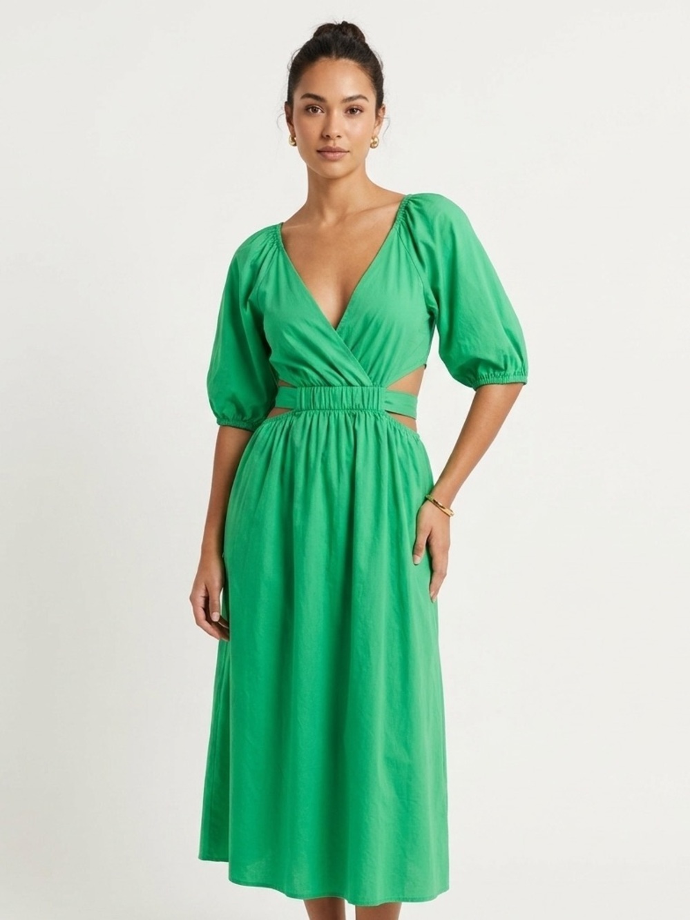 All About May Green Linen Blend Wrap Dress Puff Sleeve Small